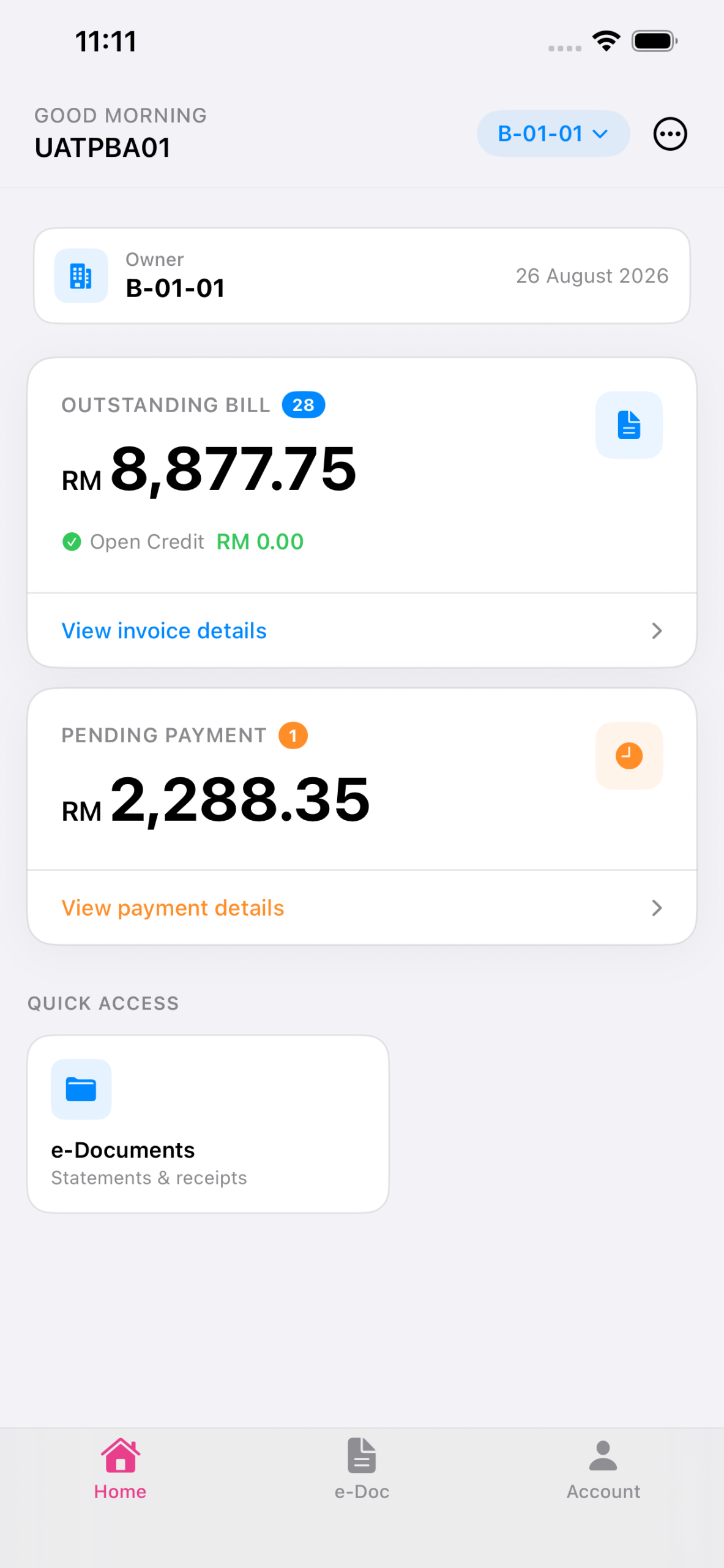U-TAG app showing property balance and billing