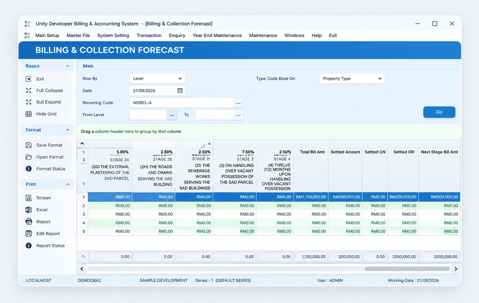 Unity Property Developer System billing and collection forecast showing upcoming progress billings for sold units